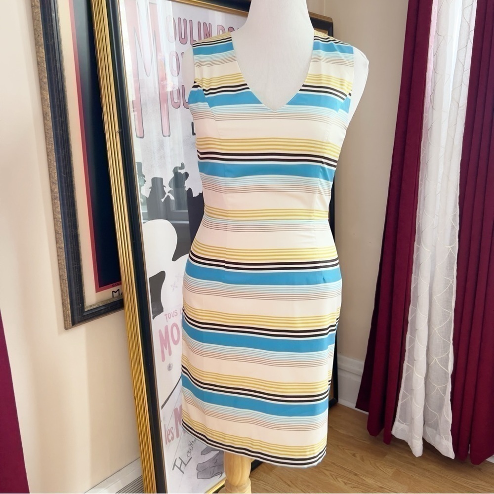 Banana Republic V-Neck Yellow, Cream, Blue Striped Sleeveless Lightweight Dress